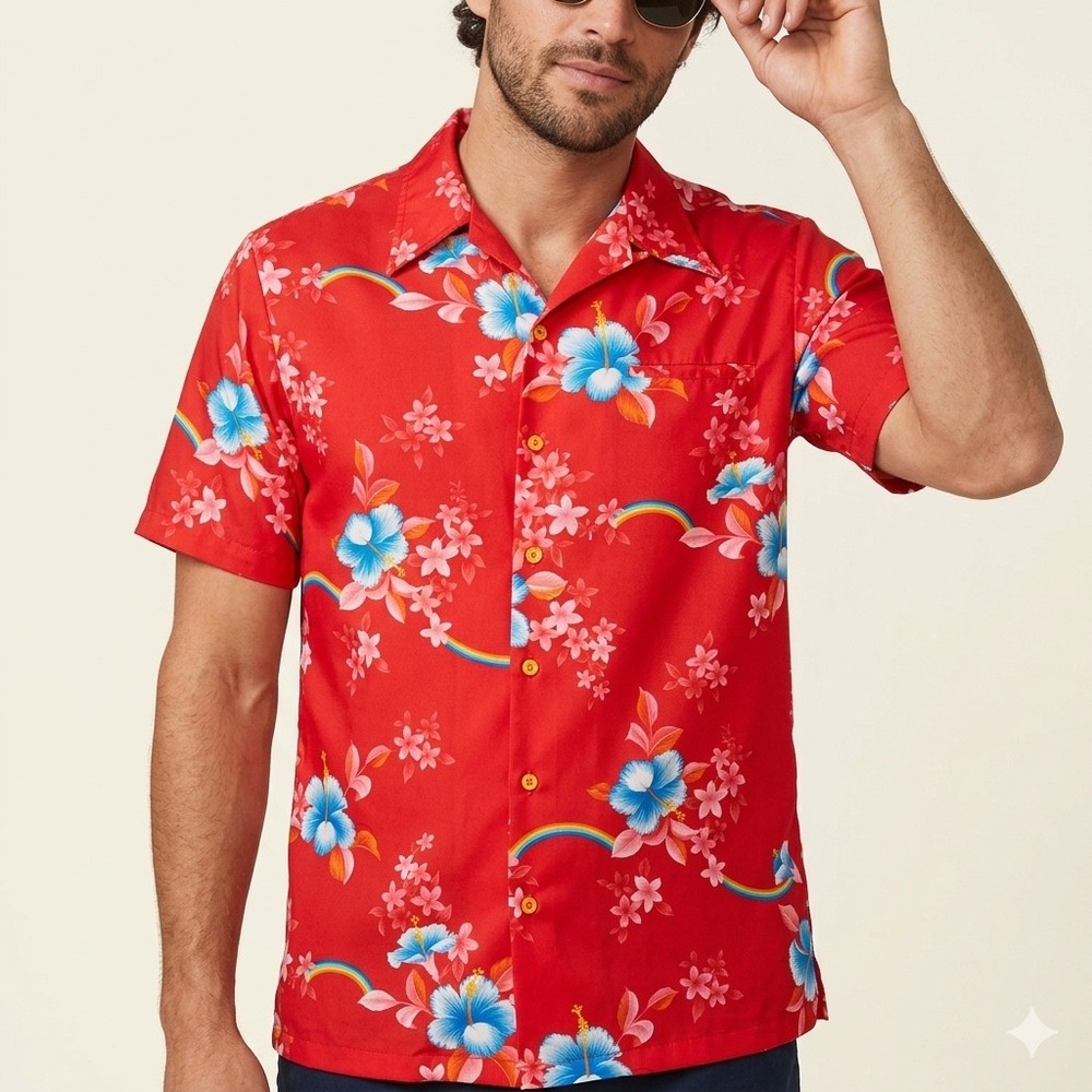 Vtg‎ 70s Hawaiian Button Up Shirt XL/XXL Red Rainbow Hibiscus Aloha Made Hawaii
